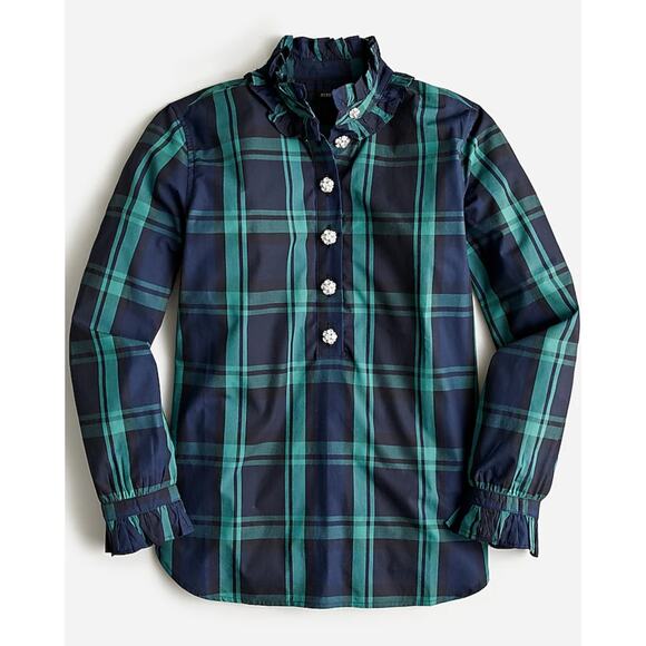 J.Crew Tops - J Crew Size 6 Classic-fit ruffleneck blouse in Black Watch tartan w jewel button